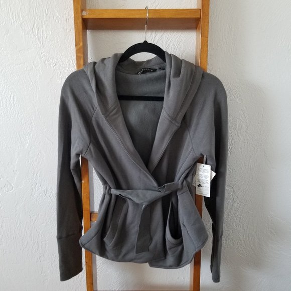 Athleta Sweaters - Athleta Gray Fleece Hooded Tie Front Jacket Sz M